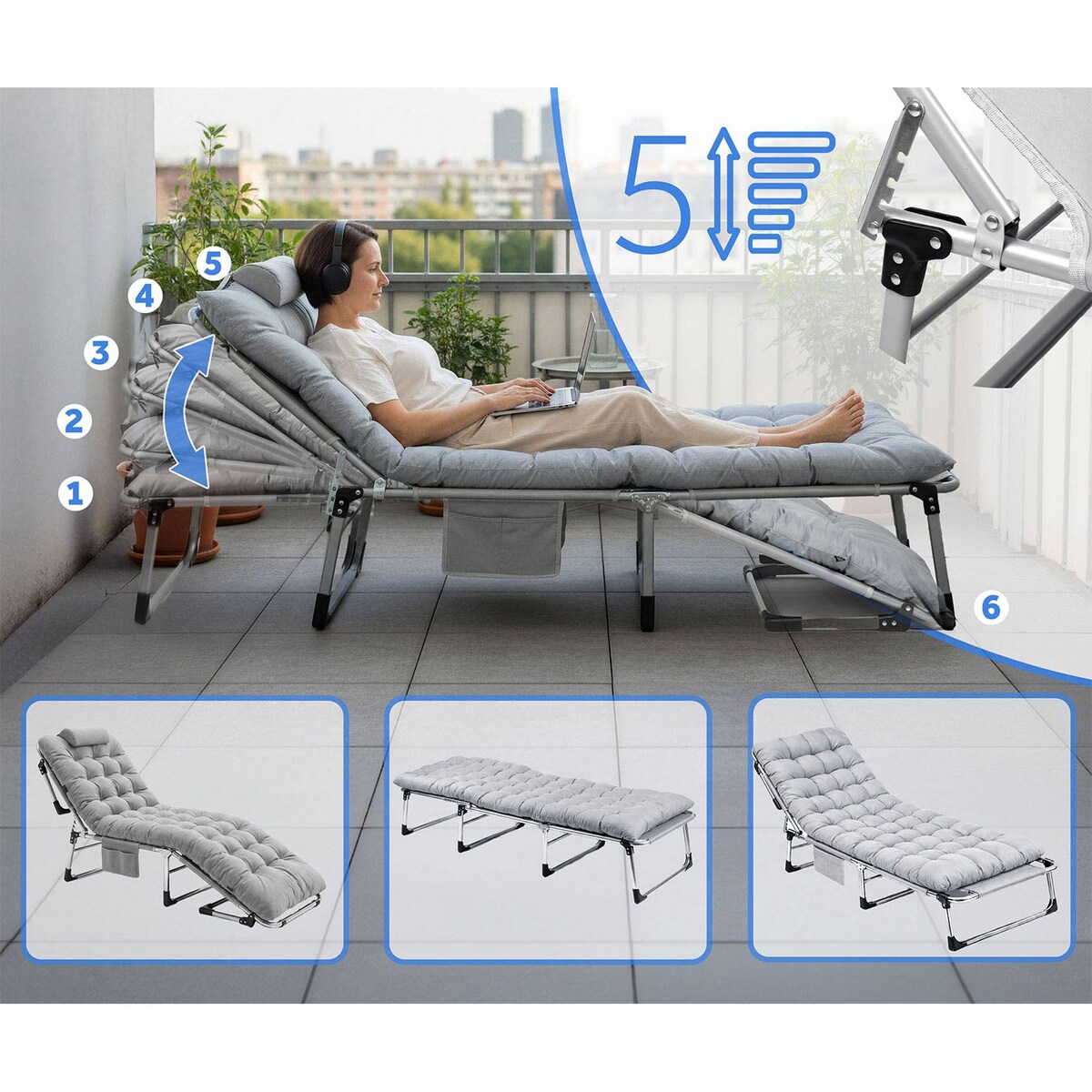 Leżak ogrodowy Sofotel Dream plażowy składany szary + materac + poduszka + pokrowiec