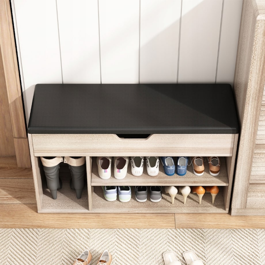 Szafka na buty z siedziskiem drewniana schowek 2 półki otwierana jasny dąb