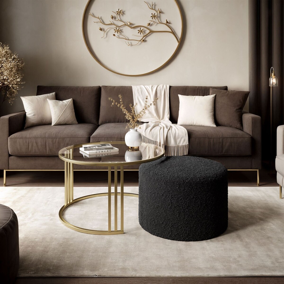 Stolik kawowy z pufą LORI GLASS złoto szczotkowane, przezroczyste szkło / Coral 60