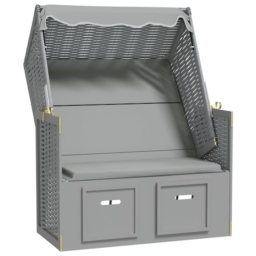 vidaXL Kosz plażowy z zadaszeniem, rattan PE i lite drewno, szary