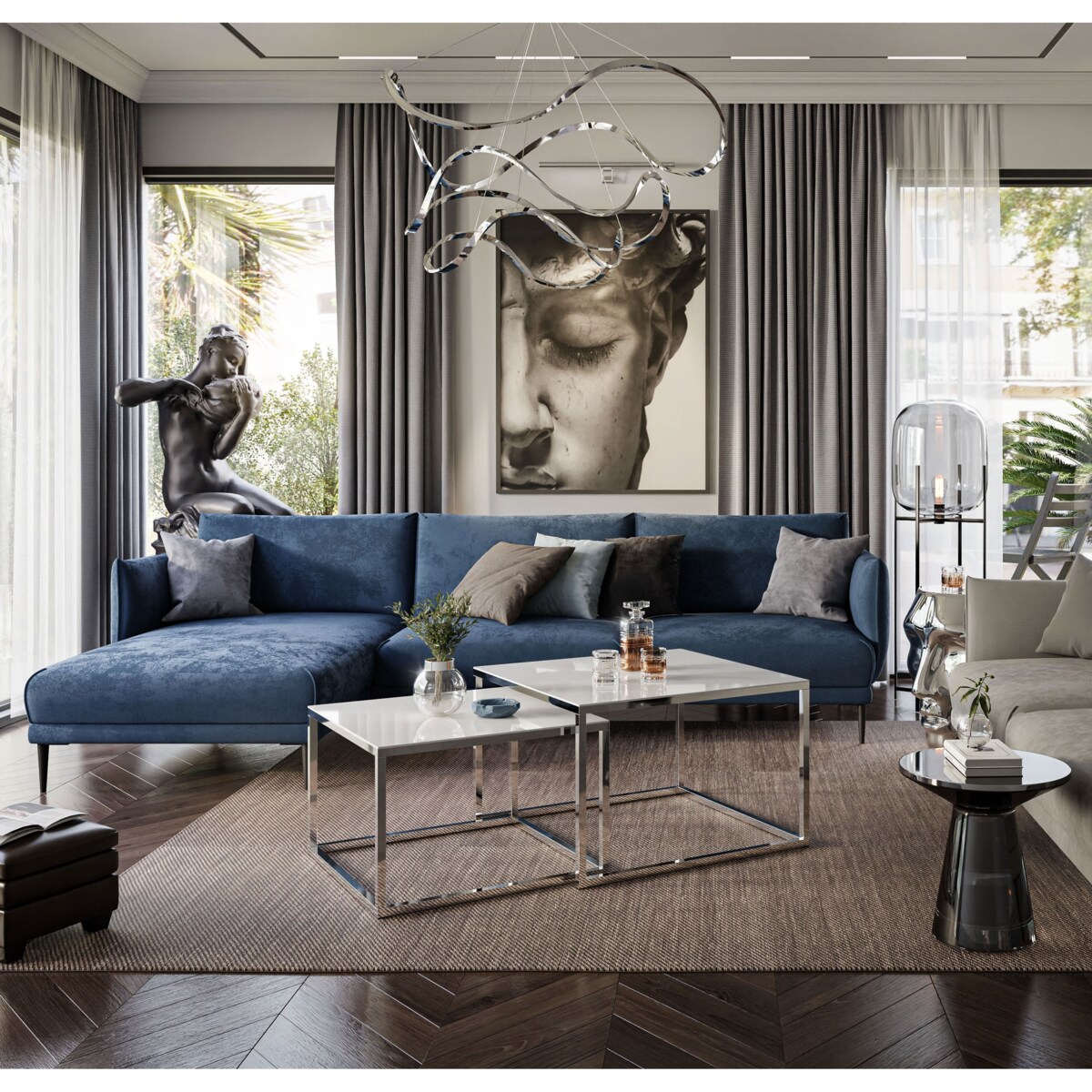 Ława 2w1 YOSHI chrom białe szkło 35/41 cm