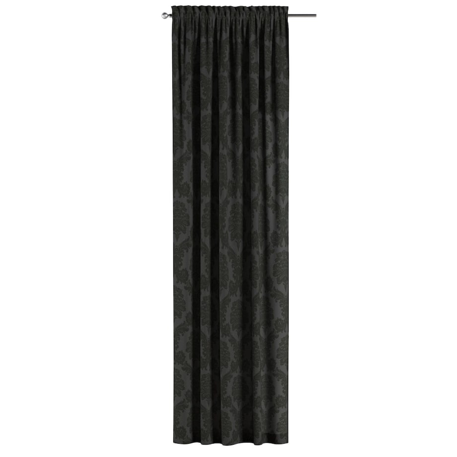 Zasłona na kanale z grzywką 1 szt. 130x260 czarne liście akantu na grafitowym tle