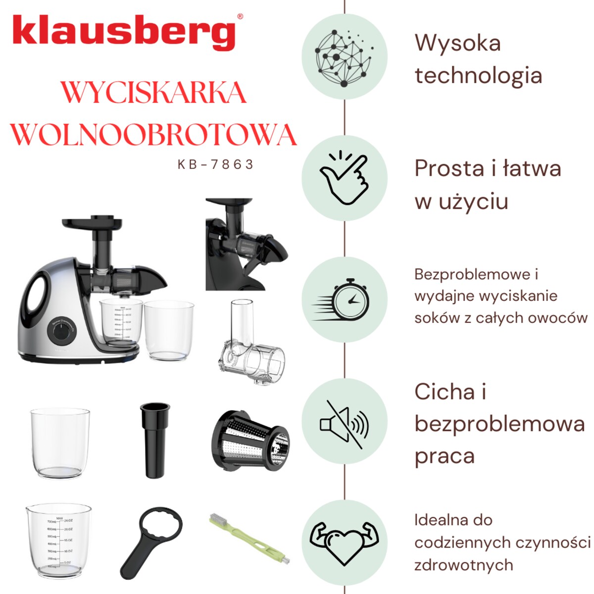 Sokowirówka wolnoobrotowa 150W do owoców i warzyw COLD PRESS KLAUSBERG KB-7863