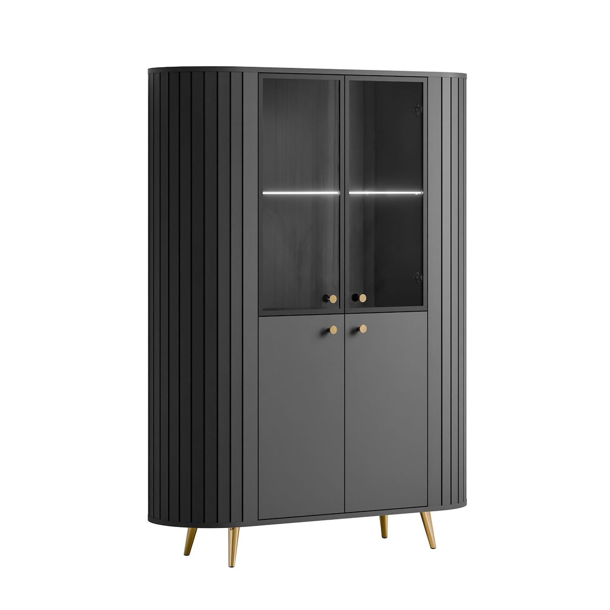 Witryna ELODIE II z oświetleniem LED, czarny / nóżki i uchwyty złoty chrom