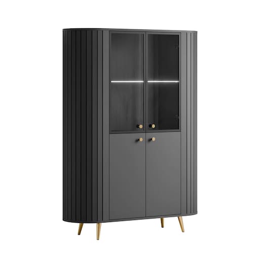 Witryna ELODIE II z oświetleniem LED, czarny / nóżki i uchwyty złoty chrom