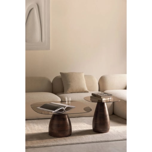 Komplet dwóch stolików z drewna mango i hartowanego szkła Mariana