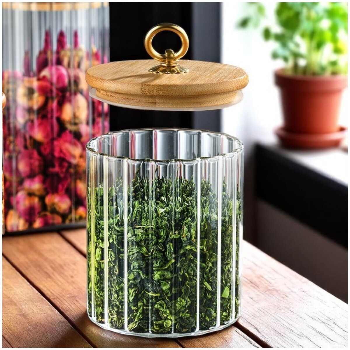 Cukiernica, pojemnik ryflowany z przykrywką bambusowa, rozm. M, 850 ml 1szt SZK168