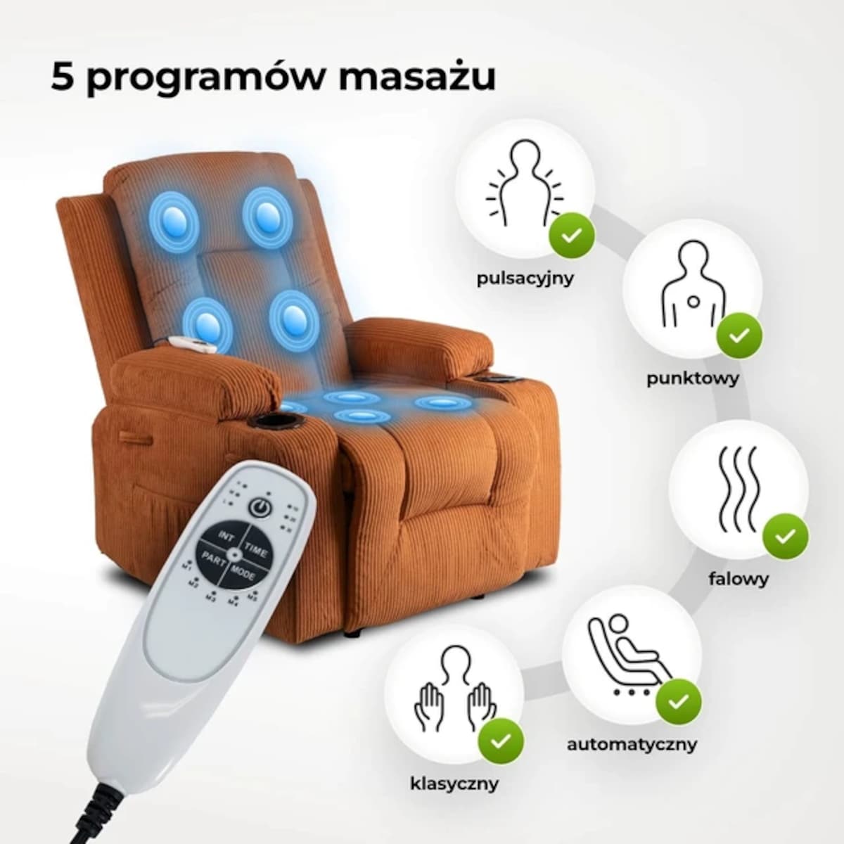 Fotel Masujący Rozkładany Wypoczynkowy z Podnóżkiem Sztruks Rudy BOX 2