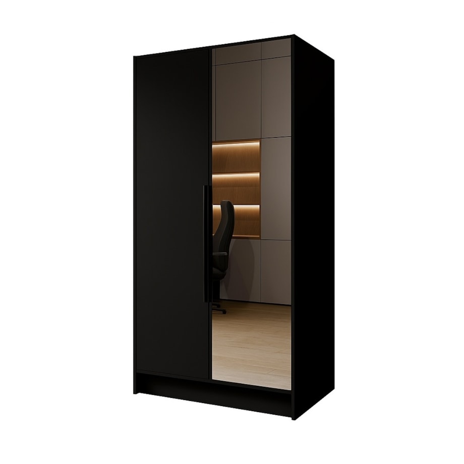 Szafa 100 gładka LUSO z lustrem i czarnymi uchwytami, czarna