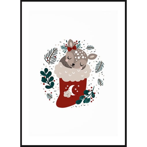 Poster Story, Plakat, Obraz - Słodki Jelonek w Świątecznej Skarpecie, wymiary 30 x 42 cm