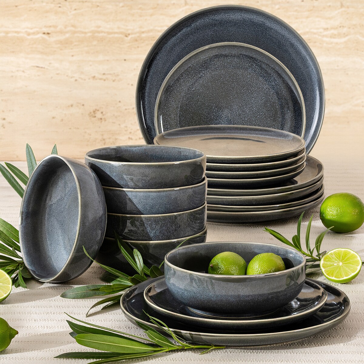 EDA Zestaw obiadowy 6 os. (18 el.), niebieski/szary/beżowy