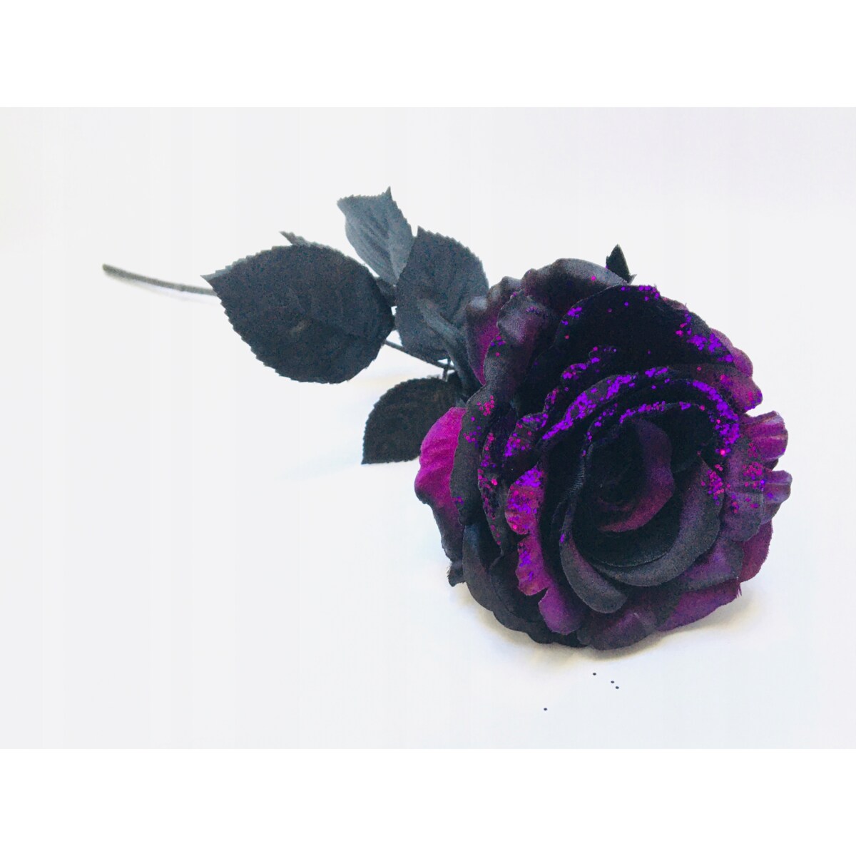 ŁODYGA RÓŻA Z BROKATEM fioletowo czarna liść do flakonu święta bukietu 65cm