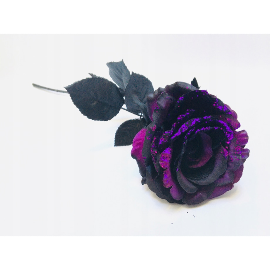 ŁODYGA RÓŻA Z BROKATEM fioletowo czarna liść do flakonu święta bukietu 65cm