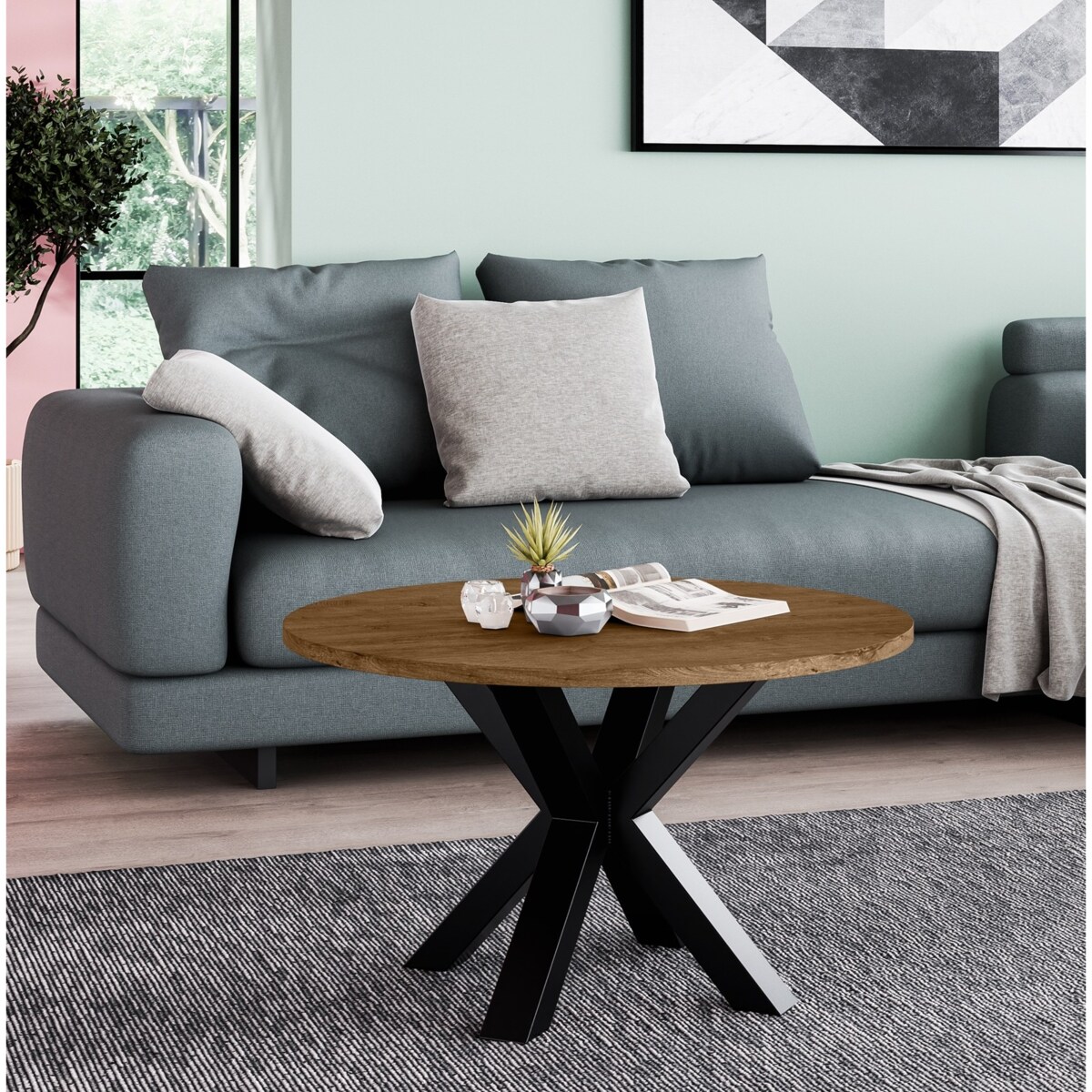 Okrągły stolik kawowy NEO średnica blatu 58 cm - dąb lefkas- podstawa metal