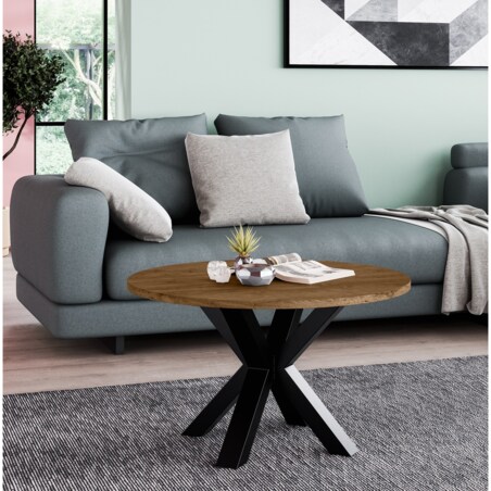 Okrągły stolik kawowy NEO średnica blatu 58 cm - dąb lefkas- podstawa metal