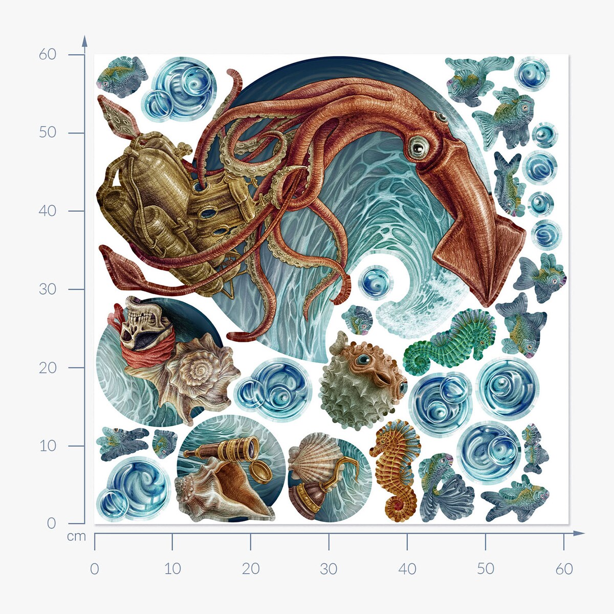 Zestaw naklejek na ścianę, Łódź podwodna, 60cm