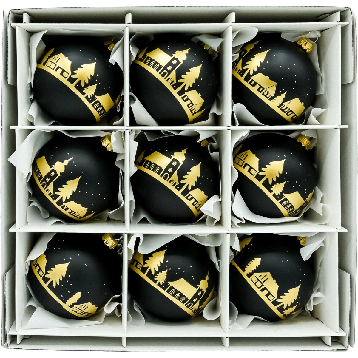 Bombka choinkowa: Bombki okrągłe złote miasteczko: czarne