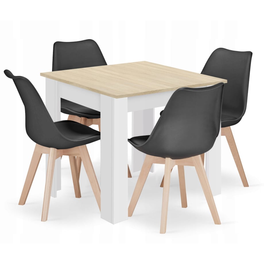 Zestaw Stół Do Jadalni Kuchni Salonu Biura Kwadratowy 80X80 Dąb Sonoma + 4 Krzesła Mark Czarne