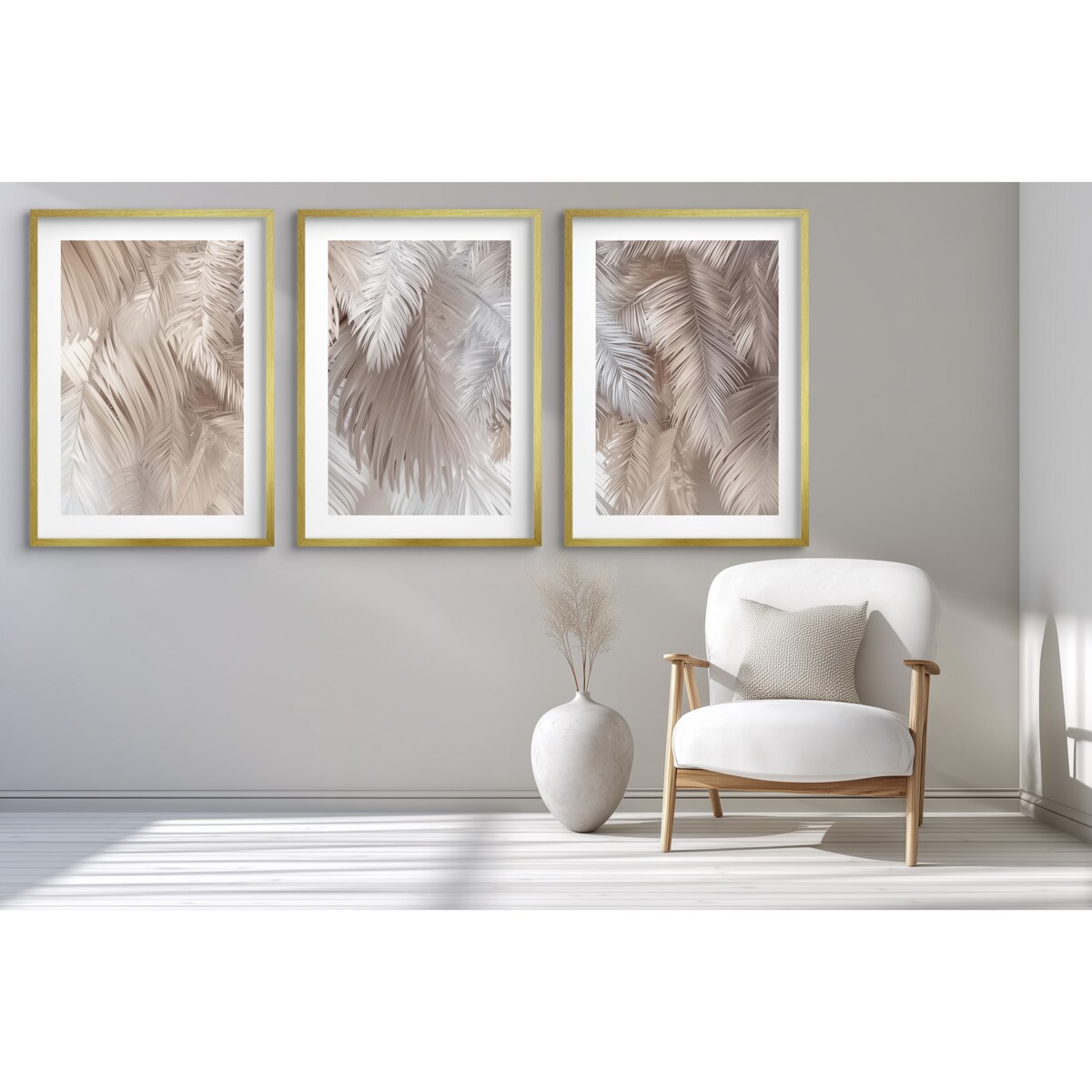 Plakaty w złotej ramie Obrazy do salonu sypialni Beżowe Liście oho glamour