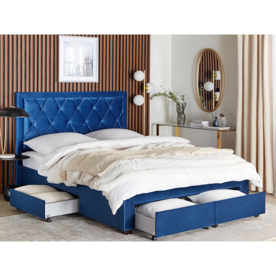 Łóżko z szufladami welurowe 160 x 200 cm niebieskie LIEVIN