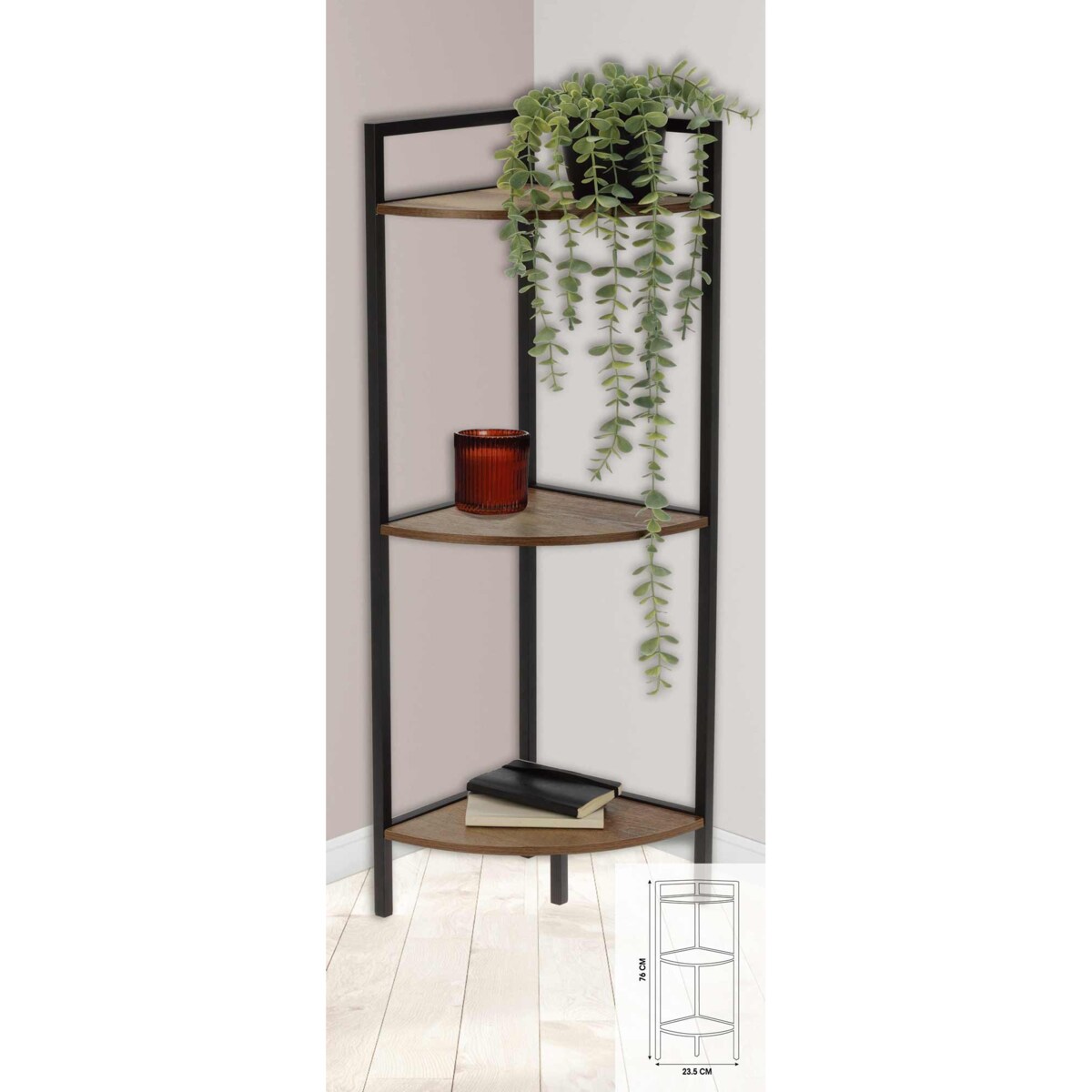 Regał narożny metalowy, 3 półki z MDF, 23,5 x 23,5 x 76 cm