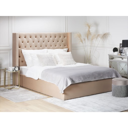 Łóżko z pojemnikiem welurowe 160 x 200 cm beżowe LUBBON
