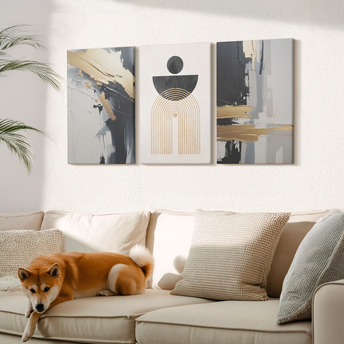 Zestaw 3 dużych obrazów na płótnie - Geometria abstrakcyjna elegancja - szary