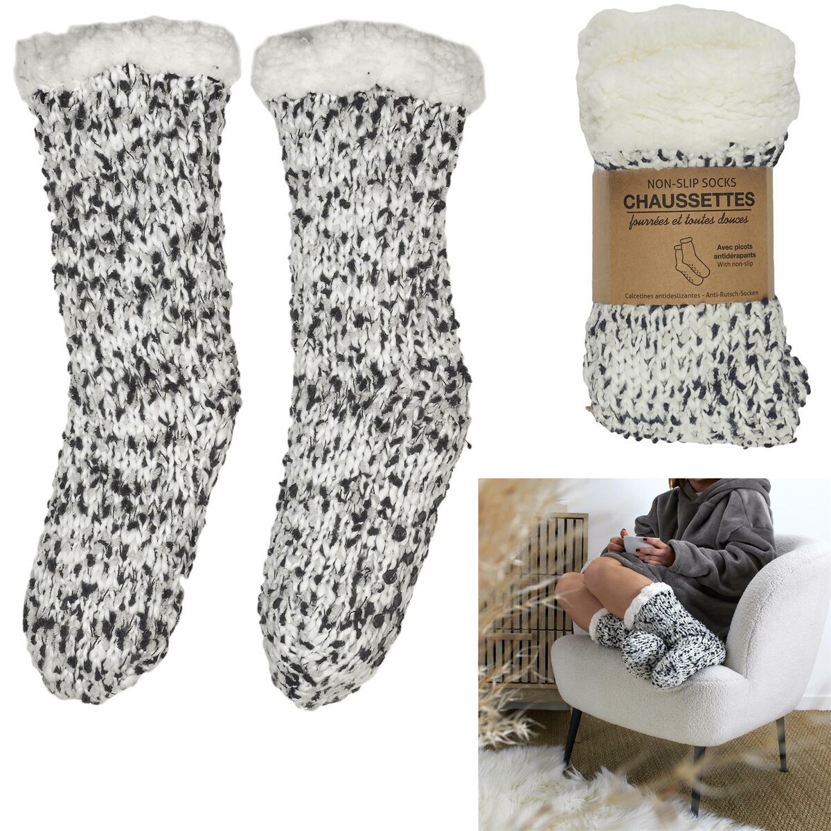 SKARPETY OCIEPLANE z wykończeniem Sherpa szare