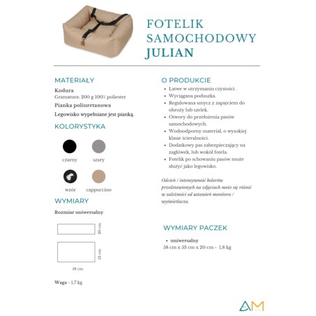 Animood Fotelik samochodowy Julian rozmiar: uniwersalny, kolor: cappucino, materiał: kodura