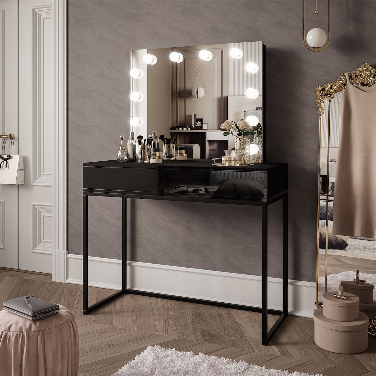 Toaletka BLANCO LOFT ELITE 100 cm czarny wysoki połysk z lustrem i oświetleniem LED