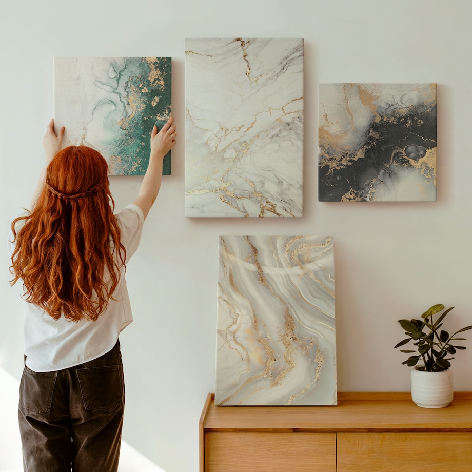 Zestaw 4 obrazów na płótnie - Abstrakcyjne wzory biel czerń zieleń - biały