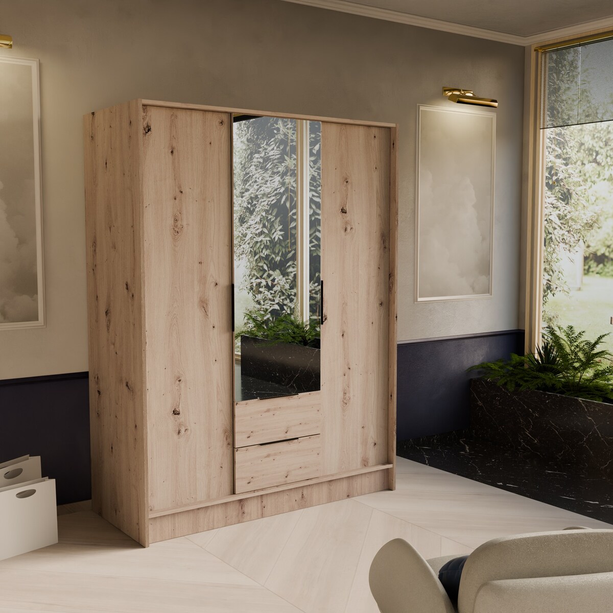 Szafa NIKOLA 150 z lusterem i regulowanymi półkami do przedpokoju -sonoma