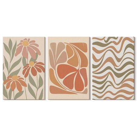 Zestaw 3 małych obrazów na płótnie - Kwiaty pastelowe abstrakcje boho - pomarańczowy