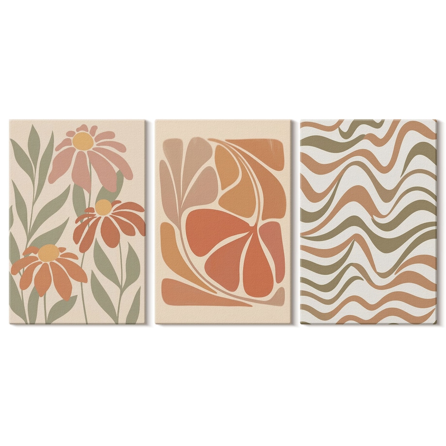 Zestaw 3 małych obrazów na płótnie - Kwiaty pastelowe abstrakcje boho - pomarańczowy
