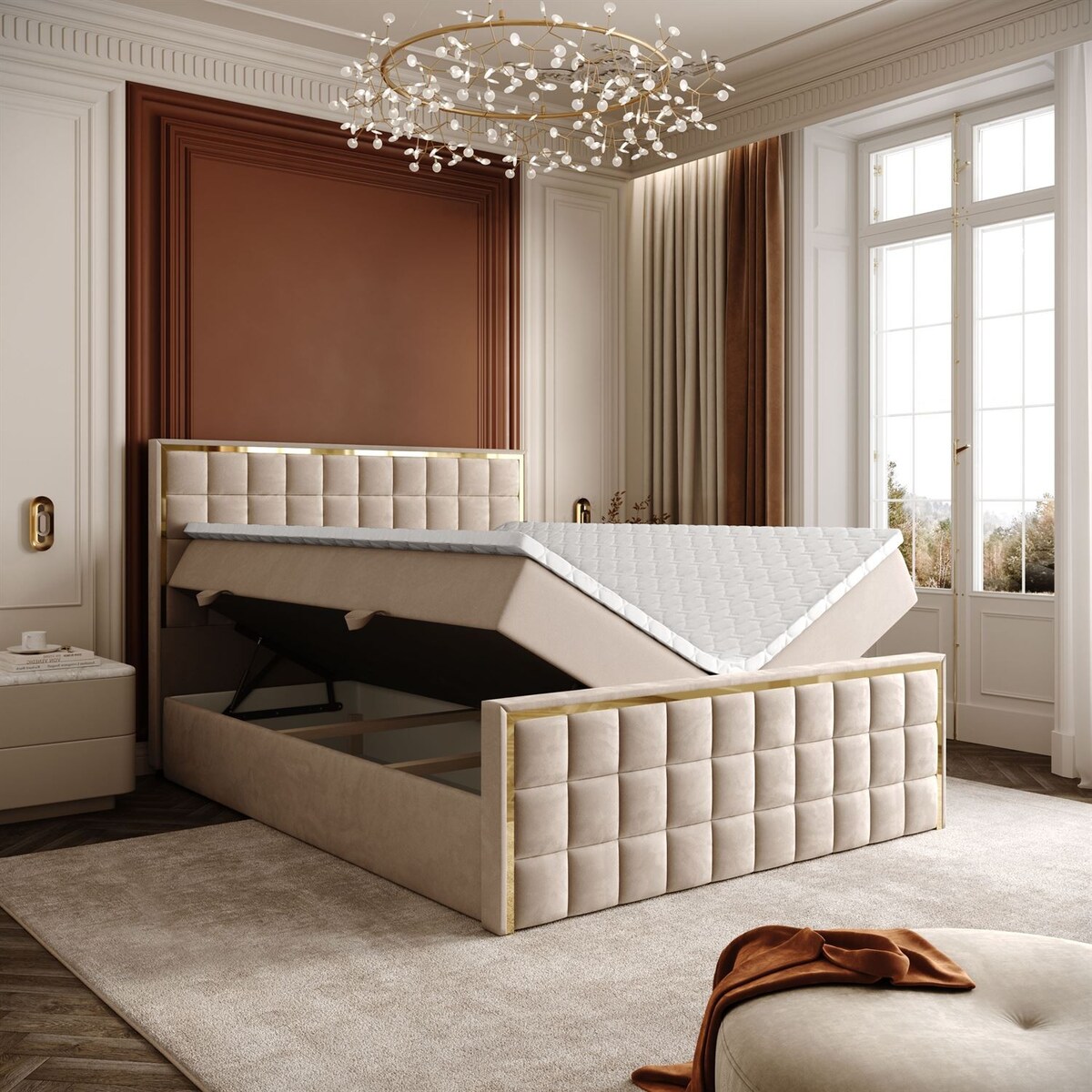 Łóżko kontynentalne ISADORA II GOLD, pojemnik na pościel, 160x200, RV 170, topper