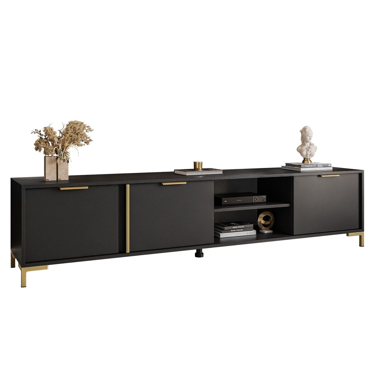 Szafka RTV LARETTO 203 cm antracyt, czarna, nóżki złote