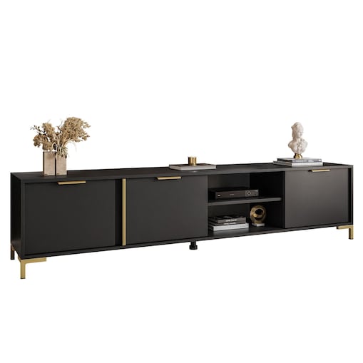 Szafka RTV LARETTO 203 cm antracyt, czarna, nóżki złote
