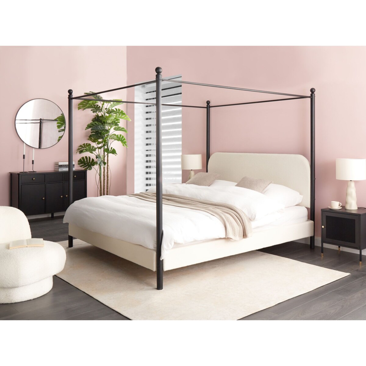 Łóżko z baldachimem Boucle DANNEMOIS 180 x 200 cm Złamana biel