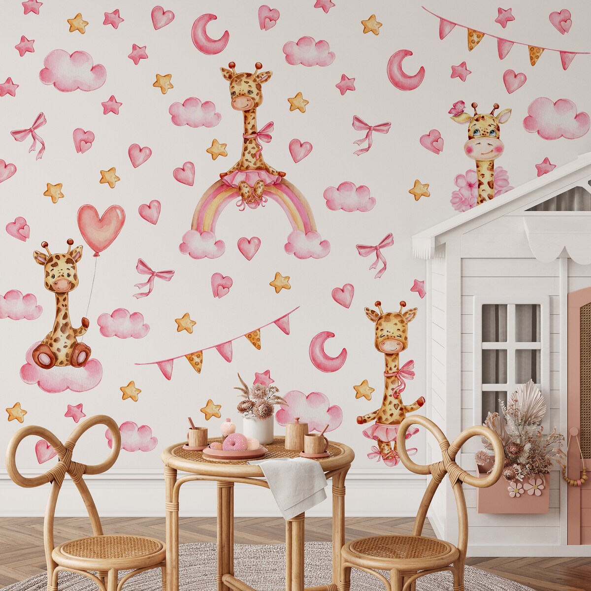 Naklejki Ścienne Dla Dzieci Żyrafy Serduszka Różowe Chmury Kokardki ZESTAW 60x30cm