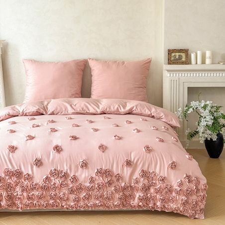 pościel "french roses" z aplikacją 3d róże wyszywane 200x220 | rózowy