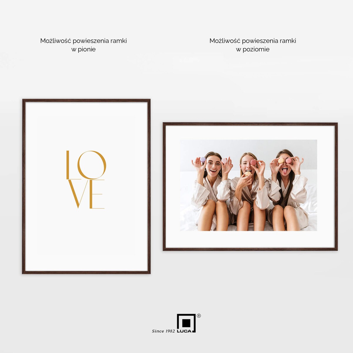 Ramka na zdjęcia 50x70 cm brązowa ciemna wisząca poziom pion rama MDF z plexi klasyczna ramka