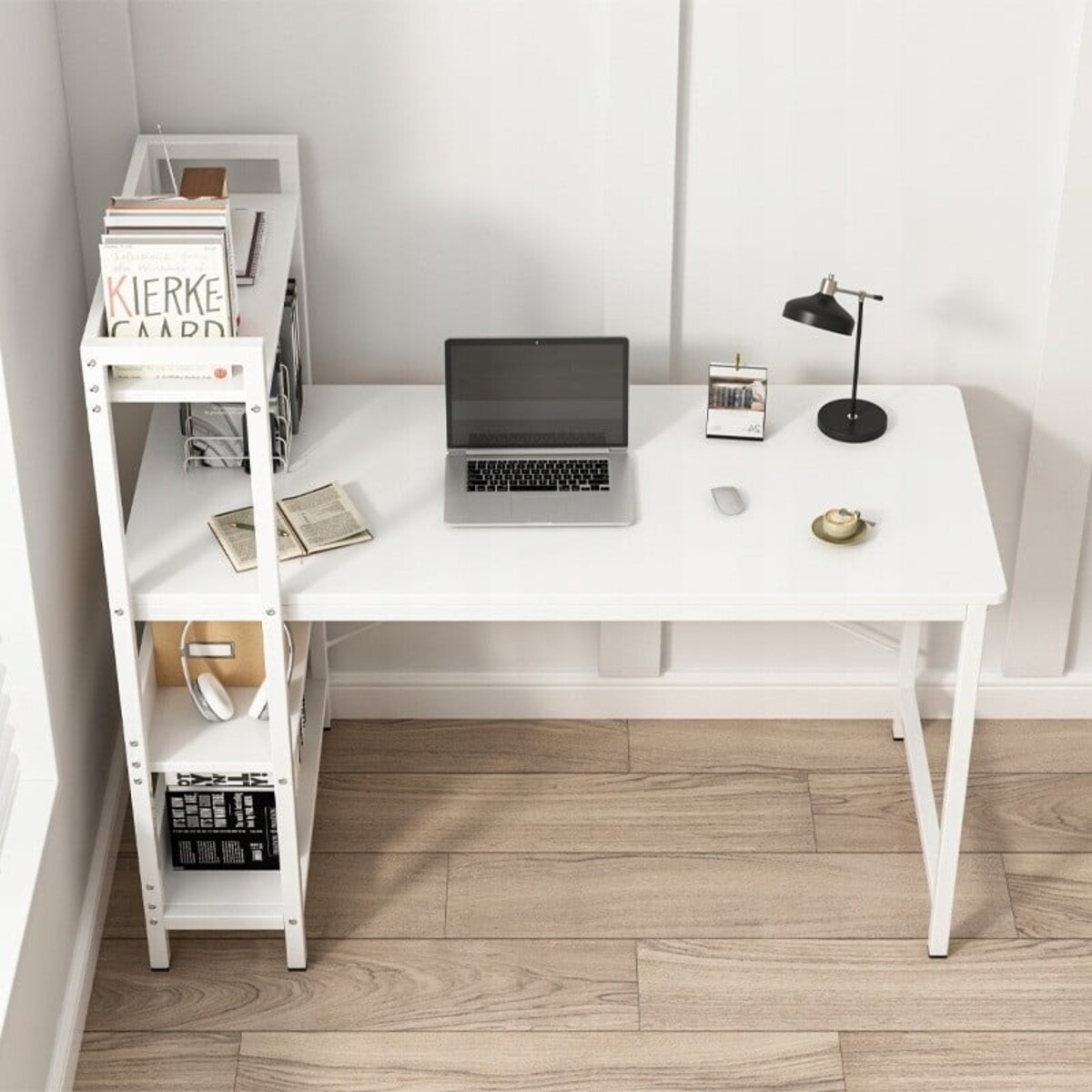 Biurko komputerowe stolik loft białe stół nowoczesne z regałem gamingowe