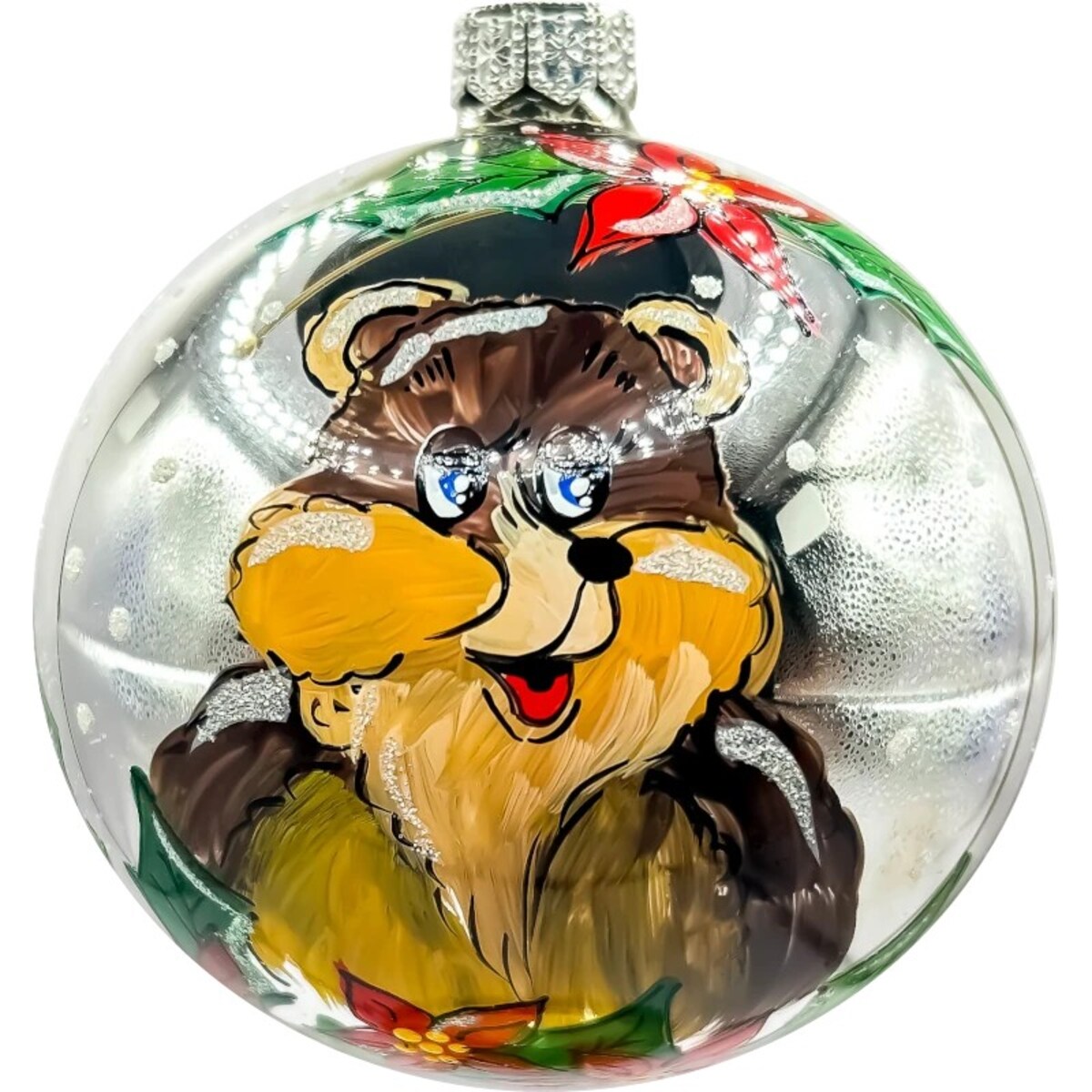 Bombka choinkowa: Fioletowa z misiem i świątecznymi zdobieniami