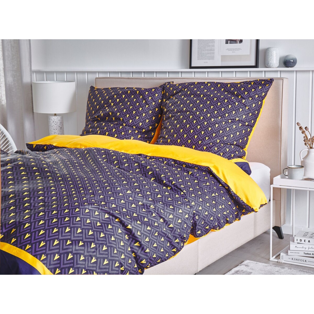 Komplet pościeli bawełnianej satynowej w jodełkę 155 x 220 cm niebiesko-żółty WALLINGFORD