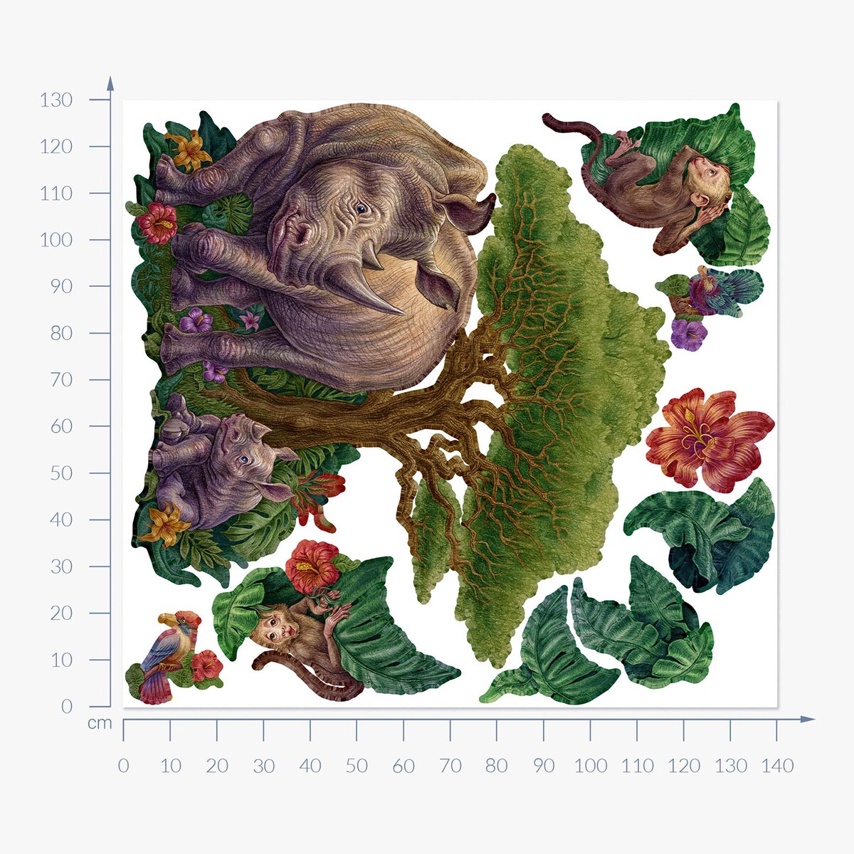 Zestaw naklejek na ścianę, Rysunkowe dzikie zwierzęta, 130cm