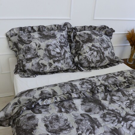 Pościel Bawełniana Z Falbanką Komplet Zestaw Do Sypialni 160X200 Cm Szare Kwiaty + 2 Poduszki 70X80 Cm