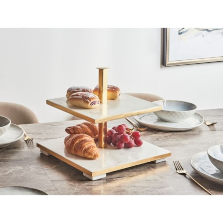 Patera 2-piętrowa marmurowa złoto-biała FARSALA