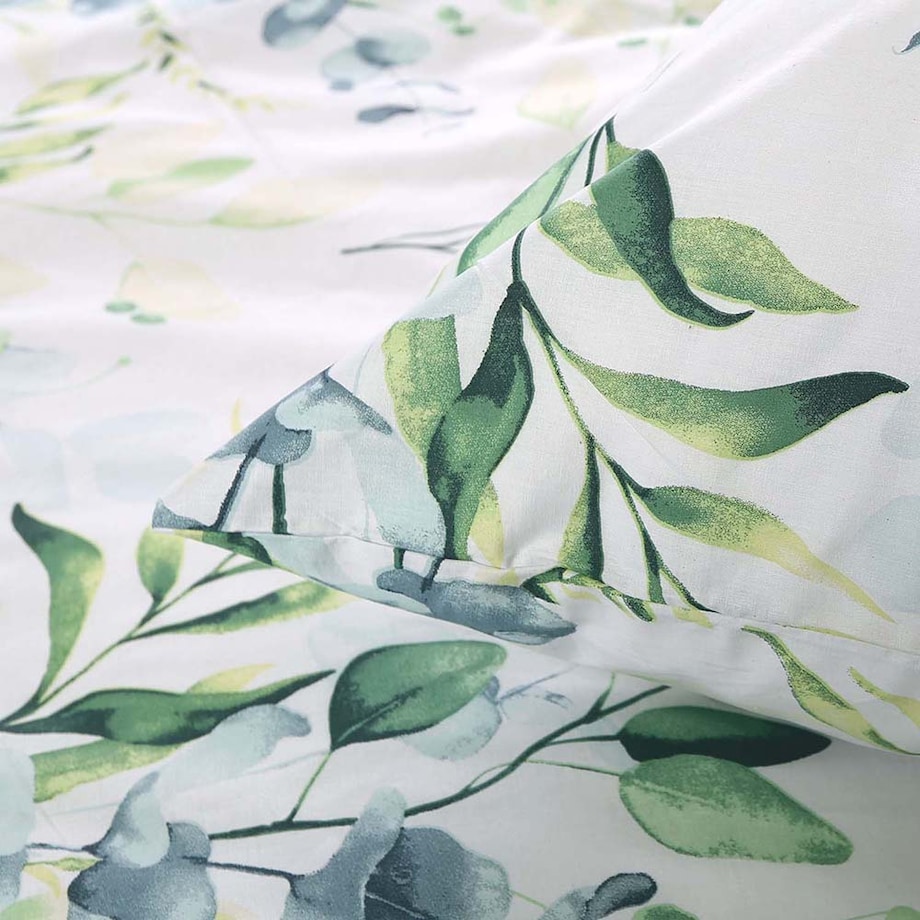 Pościel bawełniana 140x200 Silva biała z subtelnym wzorem zielonych i niebieskich liści, Cottonlove