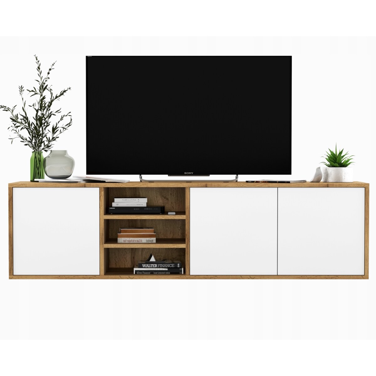 Wisząca Szafka RTV Komoda Industrialna Dąb Wotan Biały MAT 150 cm