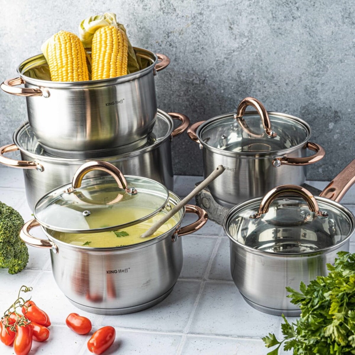 Zestaw garnków stalowych 10 ele. garnki na indukcję komplet Rosegold KINGHOFF